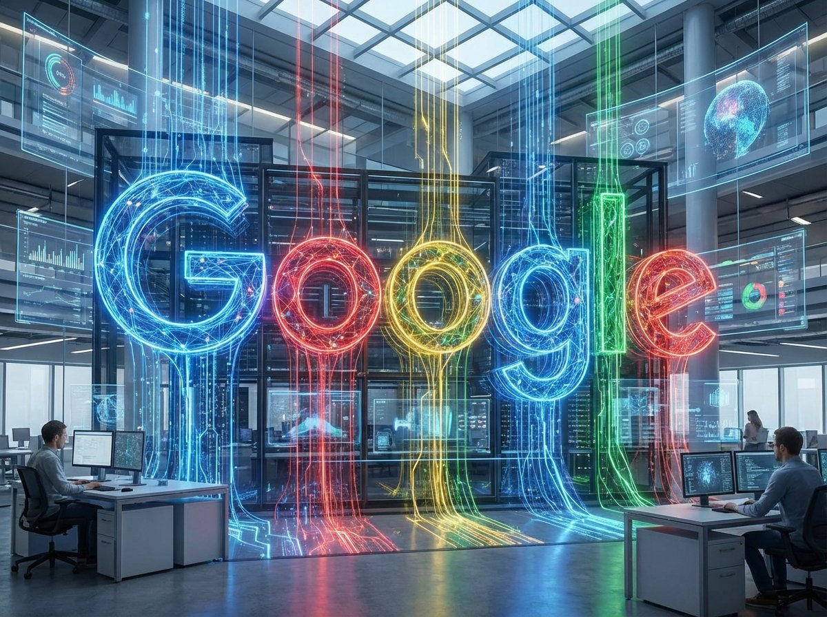 A futuristic representation of the Alphabet Google logo integrated with glowing artificial intelligence neural networks and data streams, high-tech office background, 4:3