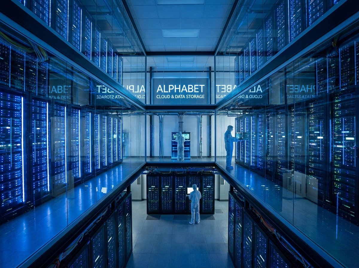 A high-tech server room with glowing blue and white lights, representing cloud computing and data storage for Alphabet, realistic photography, 4:3