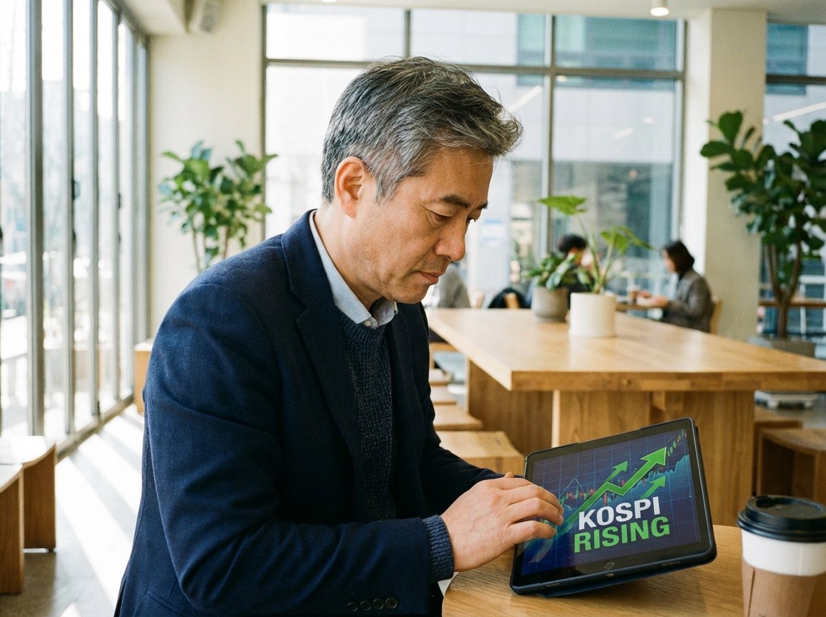A focused middle-aged Korean office worker in business casual attire looking at a tablet displaying rising stock charts in a bright modern cafe, 4:3