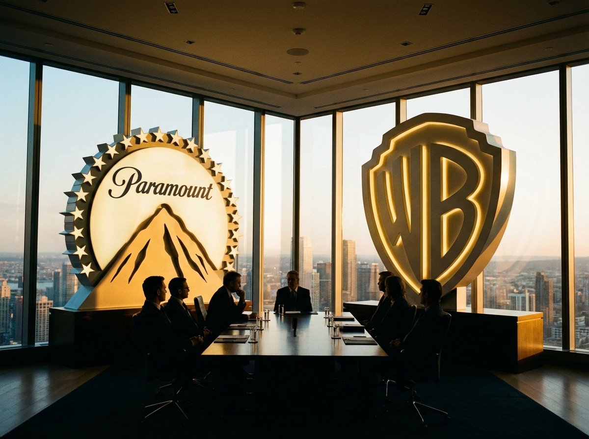 A high-end cinematic representation of two giant media corporate logos, Paramount and Warner Bros, facing each other in a modern skyscraper boardroom at sunset. The atmosphere is intense and professional. 4:3
