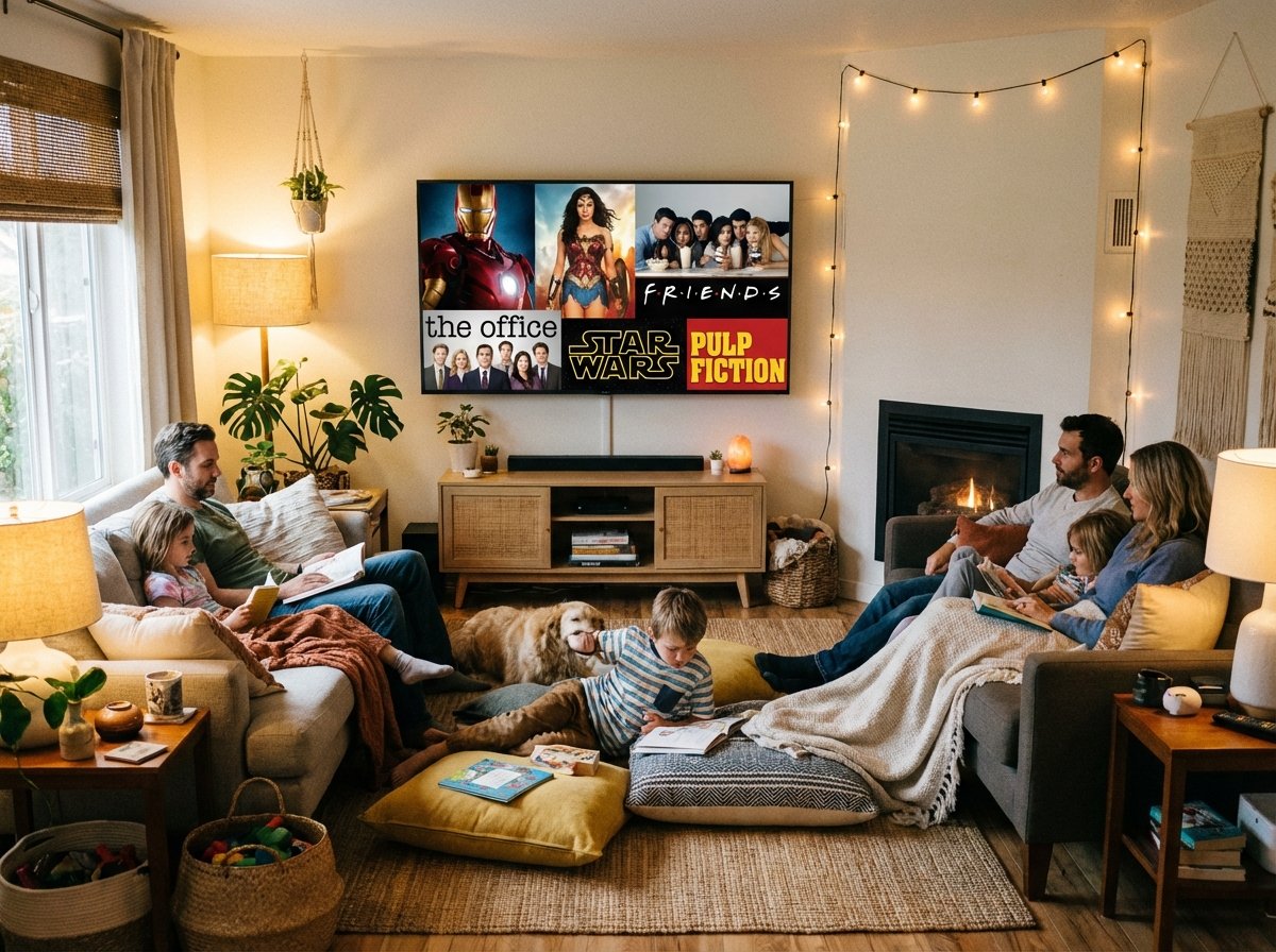 A lifestyle photography of a cozy living room with a large TV screen displaying various movie icons like superheroes and classic sitcom characters. Warm lighting, a natural home setting for a modern family. 4:3