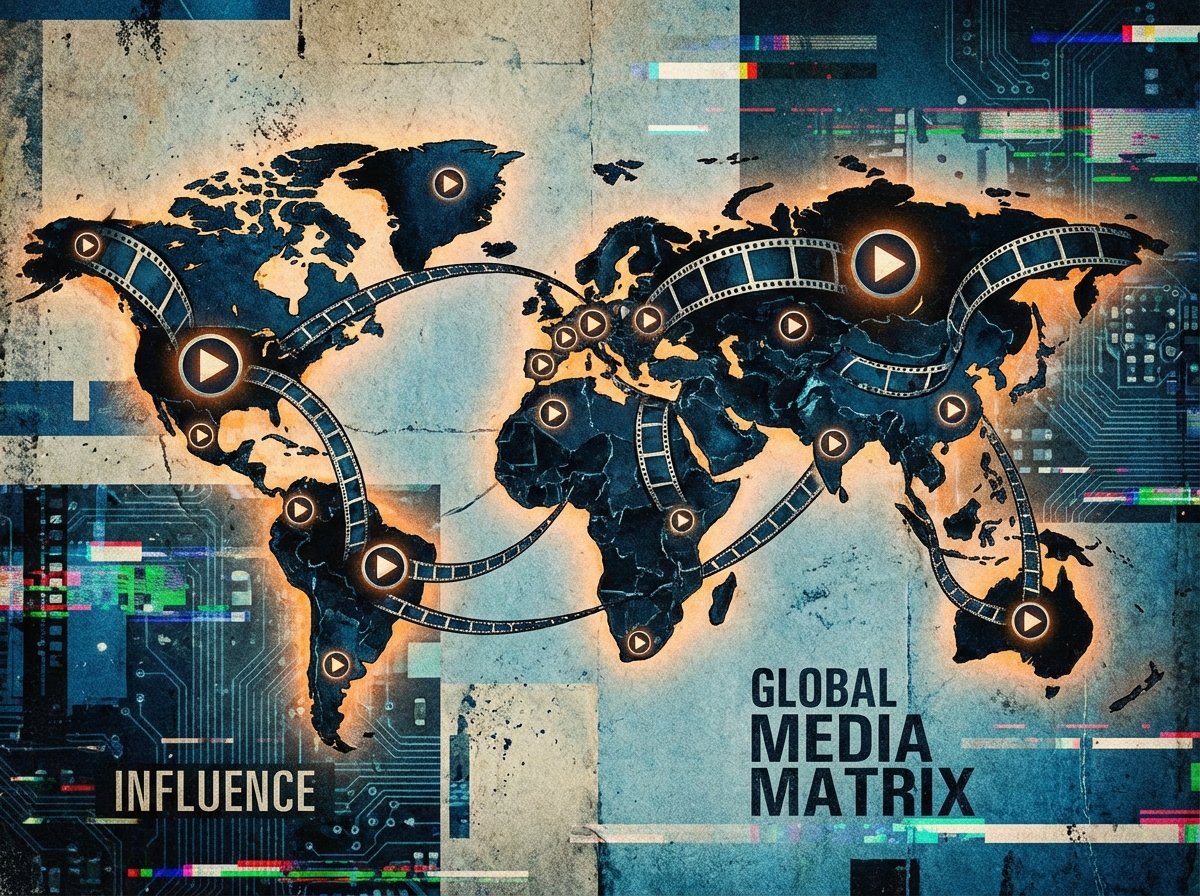 An artistic illustration with textured background showing a world map made of digital movie film strips and play buttons. High contrast, modern layout representing global media influence. 4:3