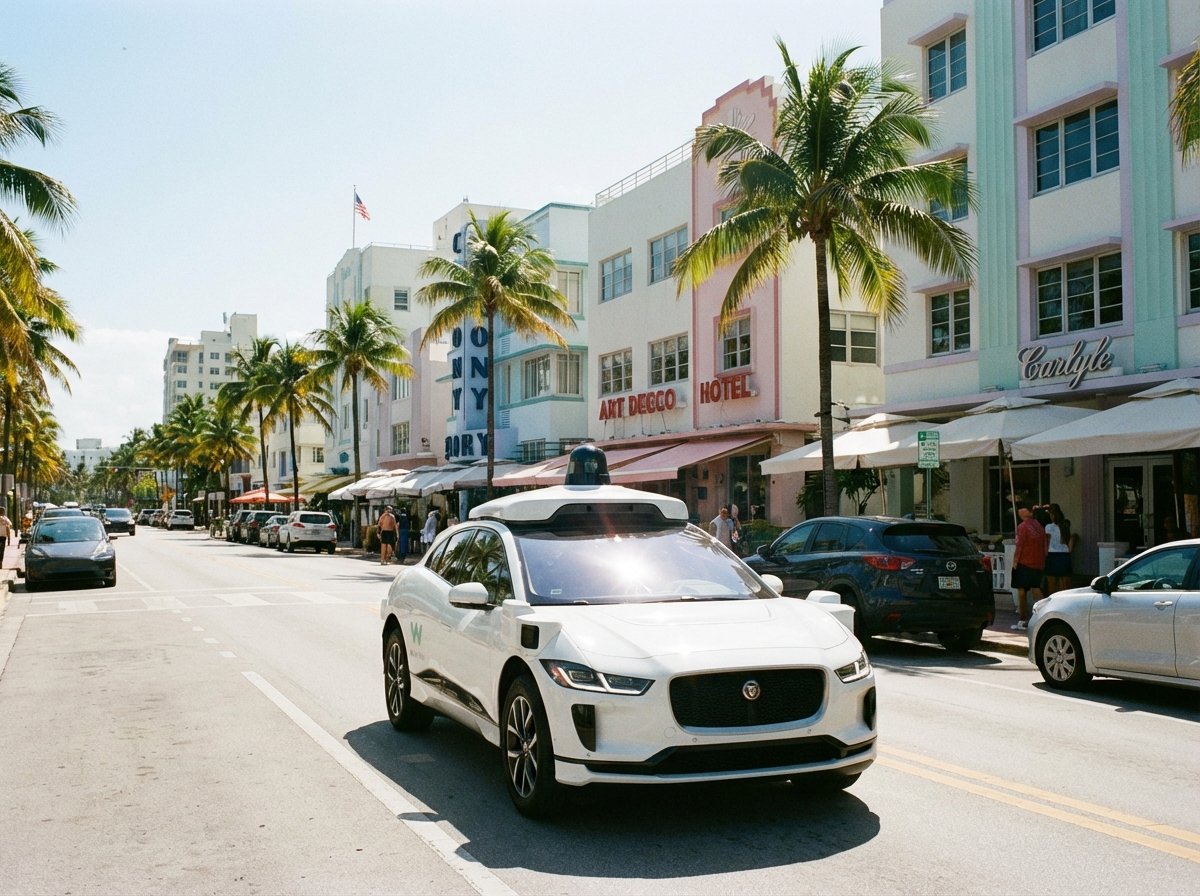 A white Waymo autonomous vehicle driving through a modern Miami street with palm trees and art deco buildings, bright sunny day, realistic photography, 4:3