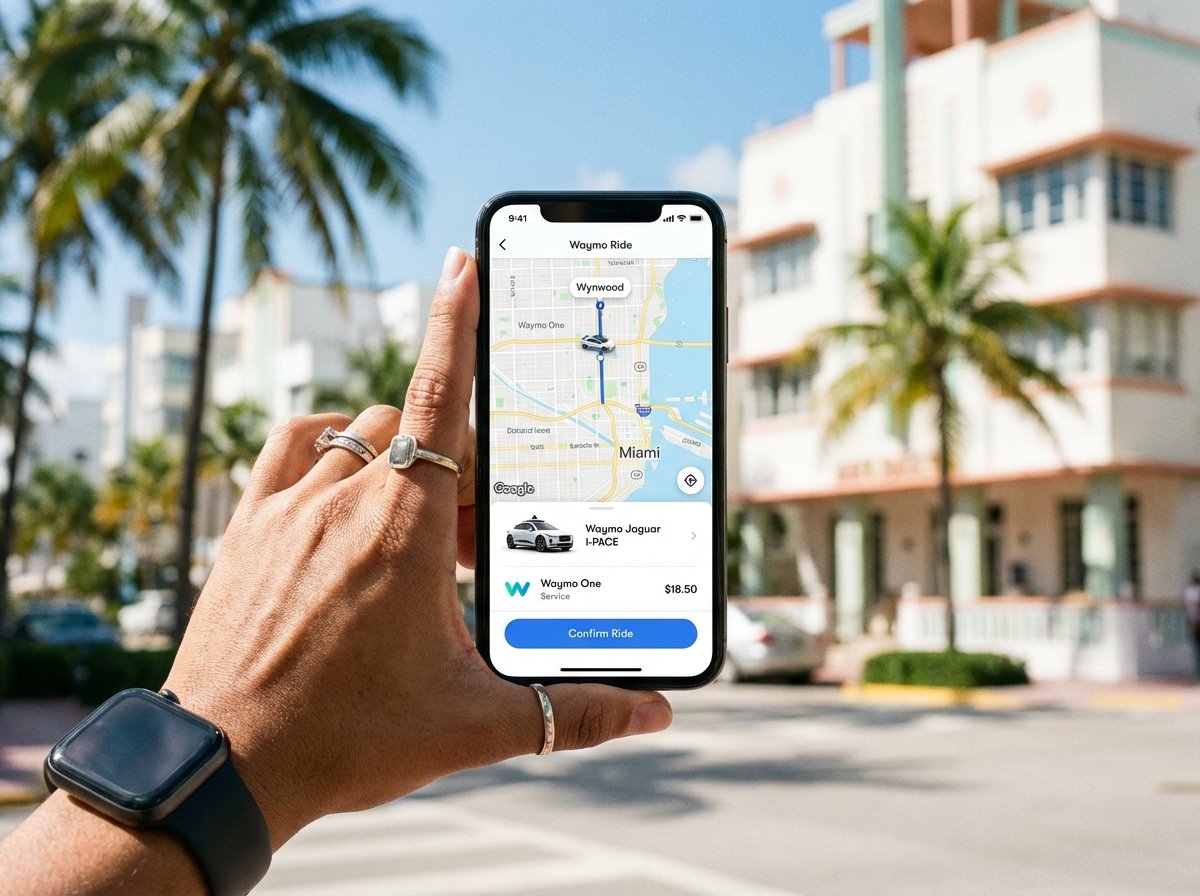 Close up of a person holding a smartphone showing a ride-hailing app interface with a Waymo car icon on a map of Miami, high resolution, modern lifestyle, 4:3