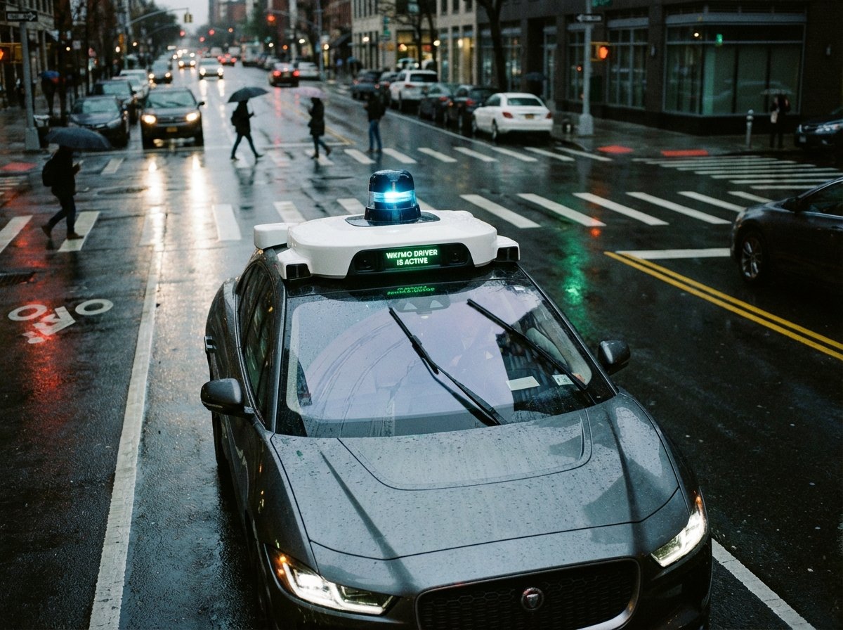 A Waymo self-driving car navigating through a rainy city street at dusk, sensor details visible on the roof, safety focused atmosphere, realistic, 4:3