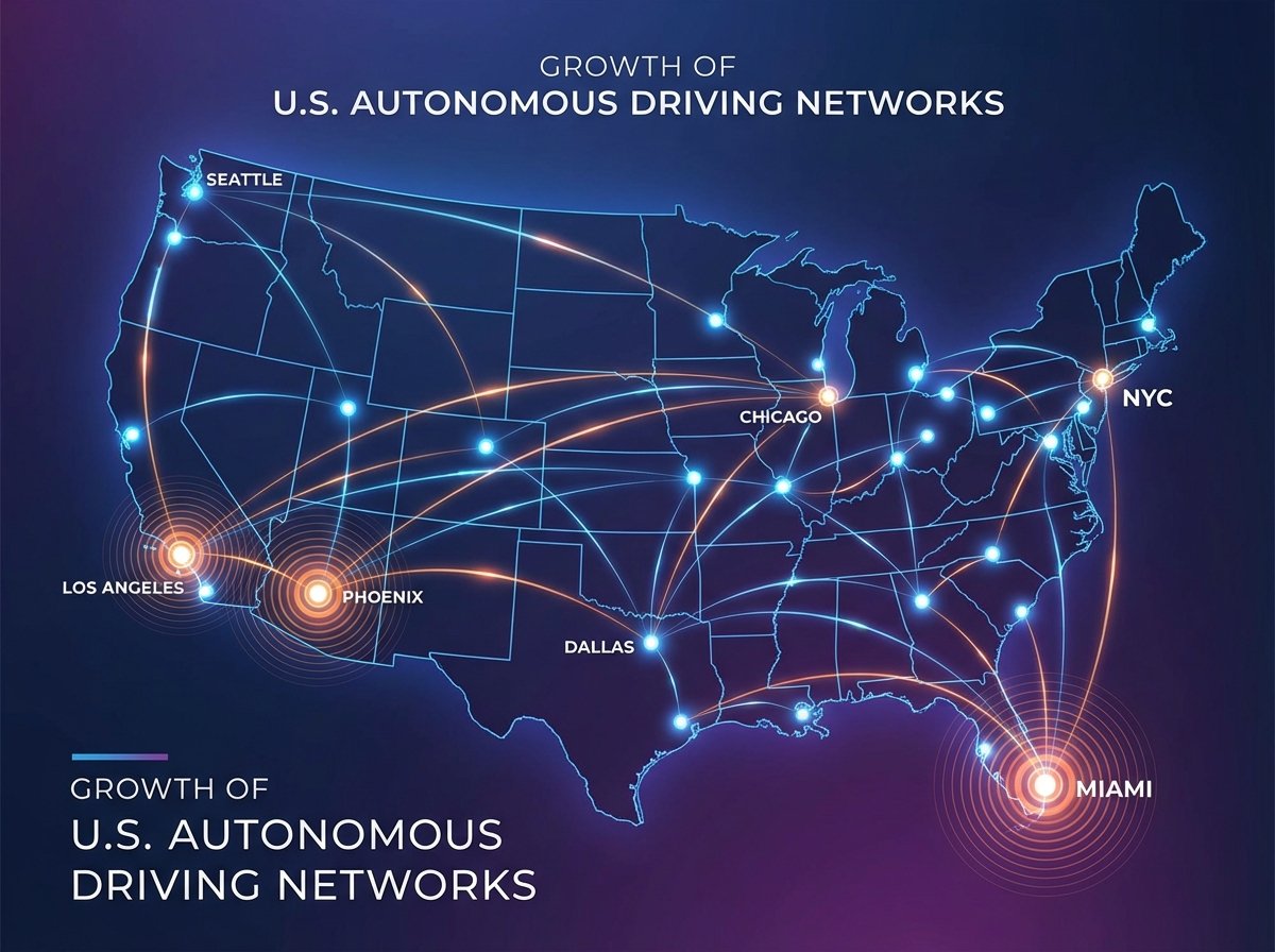 A stylized map of the United States with glowing markers on major cities like Miami, Los Angeles, and Phoenix, representing the growth of autonomous driving networks, professional graphic style, 4:3