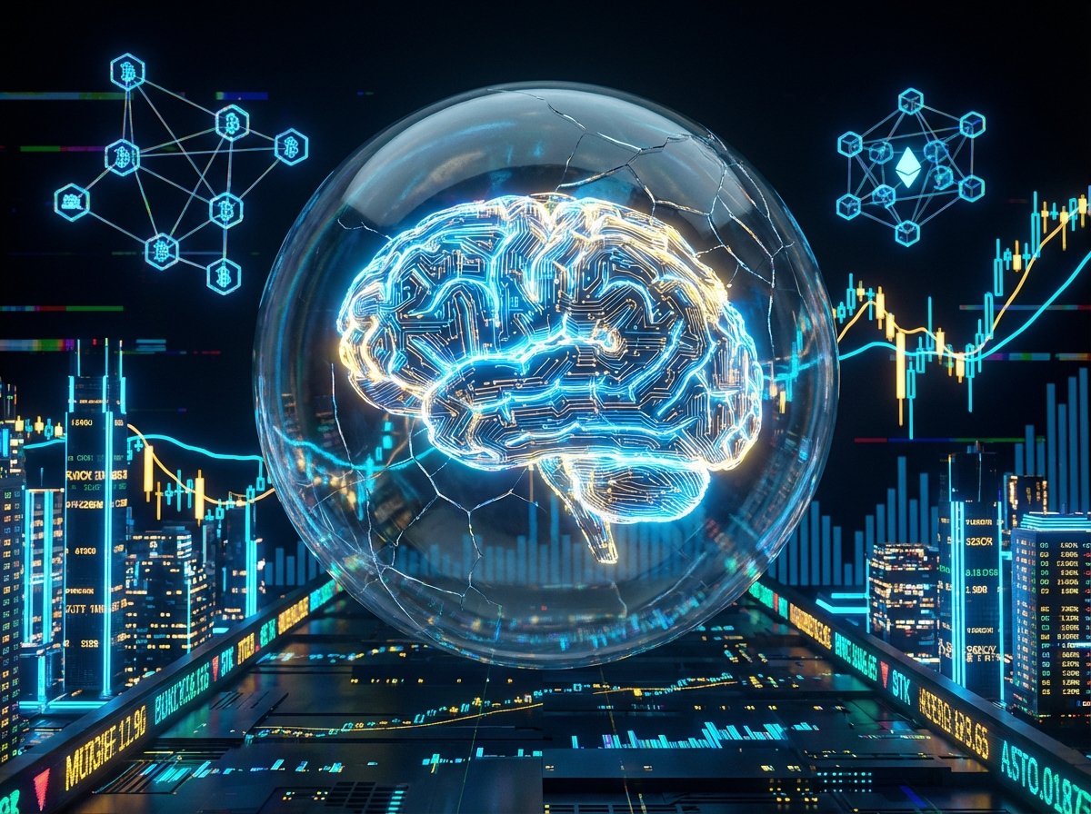 A symbolic digital art piece representing a glowing AI brain inside a fragile glass bubble floating over a vast financial data landscape, futuristic aesthetic, high contrast, vibrant blue and gold colors, 4:3