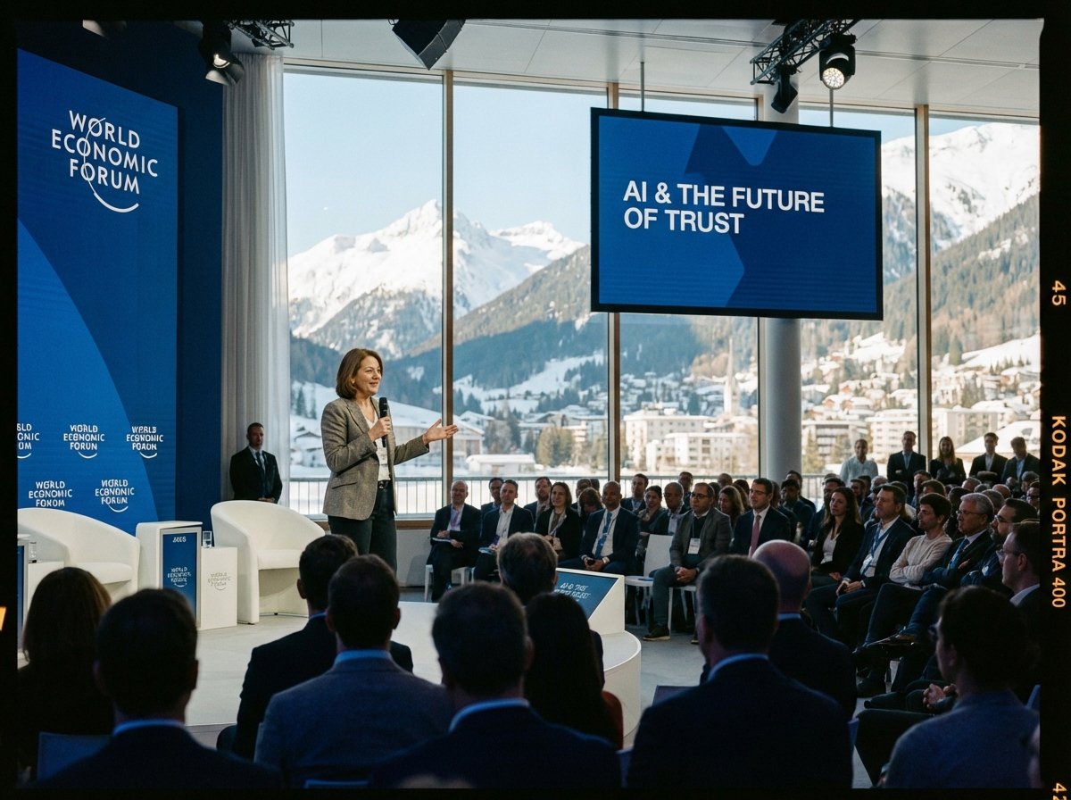 A professional tech leader giving a speech at a modern business conference in Davos, snowy mountains visible through the window, photorealistic, professional lighting, cinematic composition, 4:3