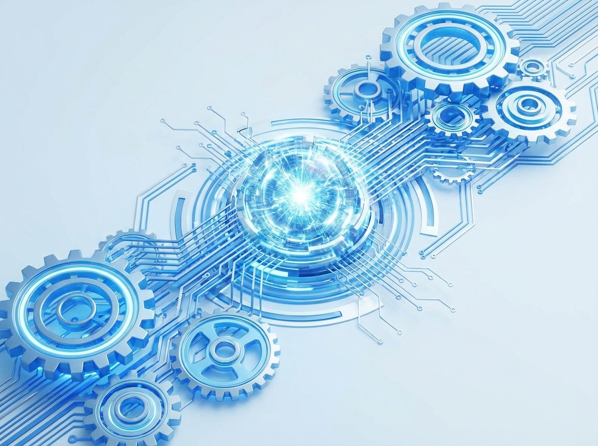 A 3D render of various glowing digital gears and circuit patterns merging into a single powerful core, representing market consolidation, clean background, blue and silver tones, 4:3