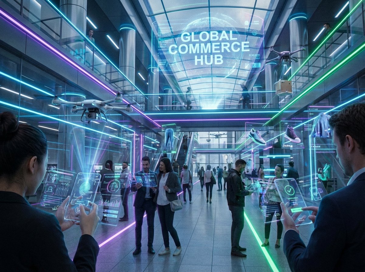 A futuristic representation of digital commerce and mobile payments, holographic interfaces showing products and transaction data, glowing neon accents, modern and sleek design, 4:3