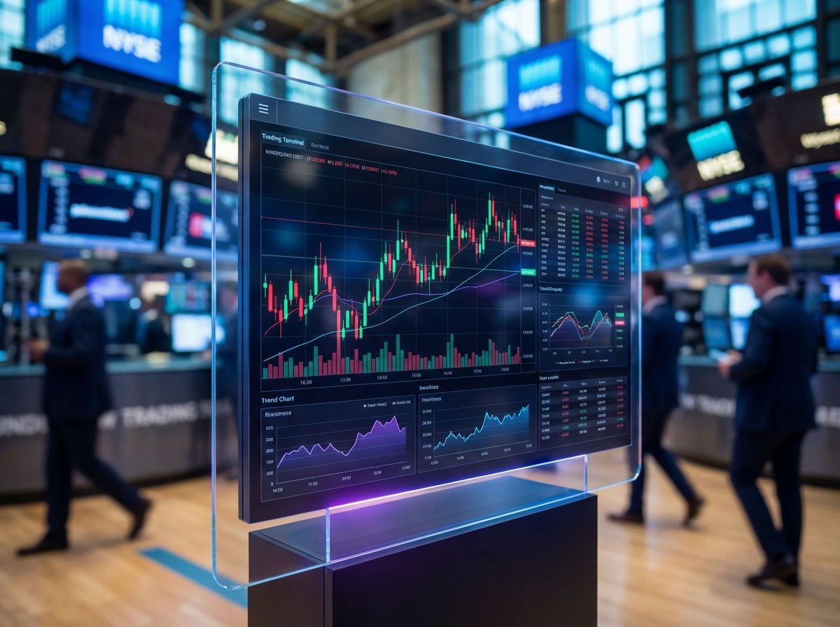 A high-tech financial trading dashboard showing volatile stock market charts with red and green candles, sleek modern interface, blurred trading floor background, 4:3