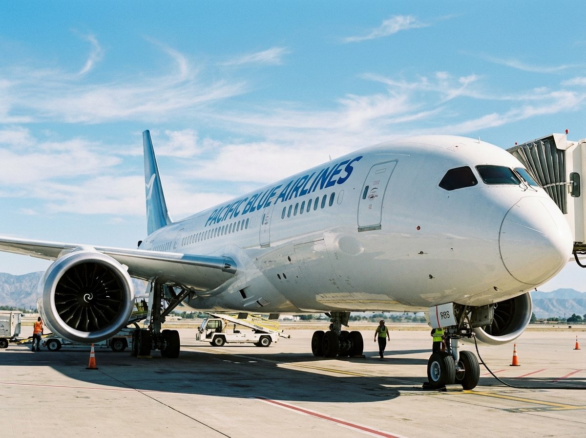 A professional photography of a modern Boeing commercial jet parked on a sunny airport runway, blue sky, detailed aircraft exterior, high resolution, 4:3