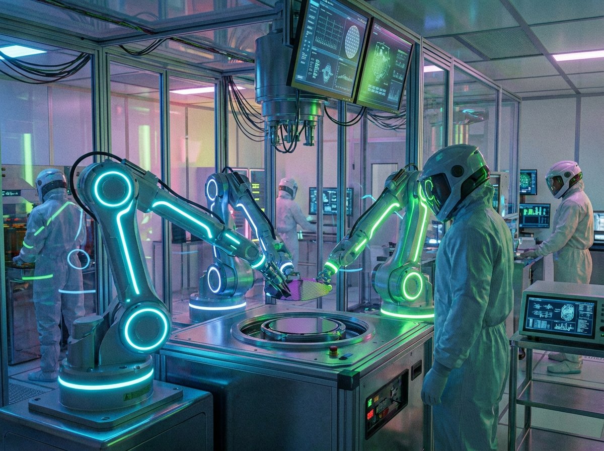 Close up of a highly advanced semiconductor fabrication cleanroom, robotic arms, glowing neon lights, futuristic technology equipment, 4:3