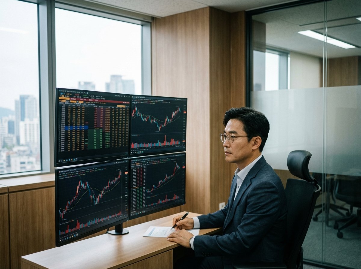 A professional Korean male investor in a modern office looking at multiple monitors with financial data and charts, natural lighting, focused expression, 4:3