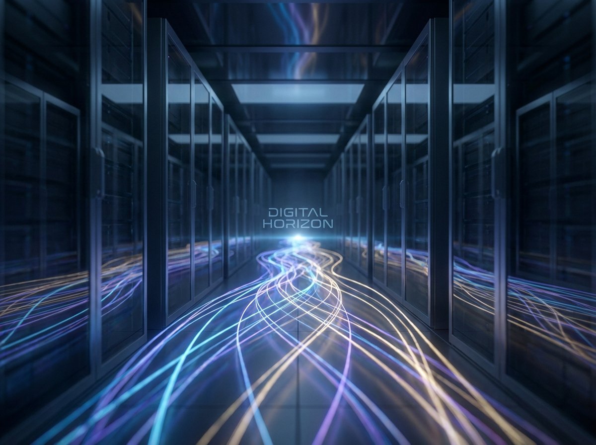 Abstract representation of digital progress with glowing lines of light moving forward in a dark high-tech environment. Cinematic lighting, deep depth of field, futuristic and hopeful vibe. 4:3