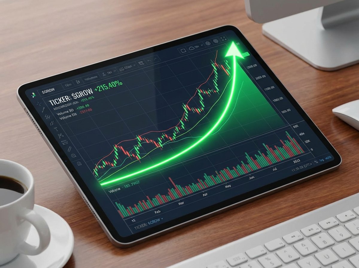 A professional digital stock market chart showing a sharp green upward parabolic trend on a sleek tablet screen. 4:3