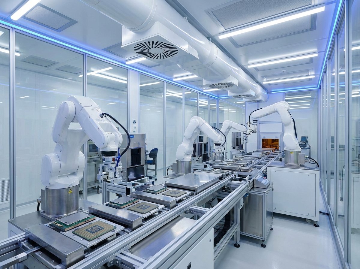 An automated cleanroom environment with robotic arms assembling advanced semiconductor packaging. 4:3
