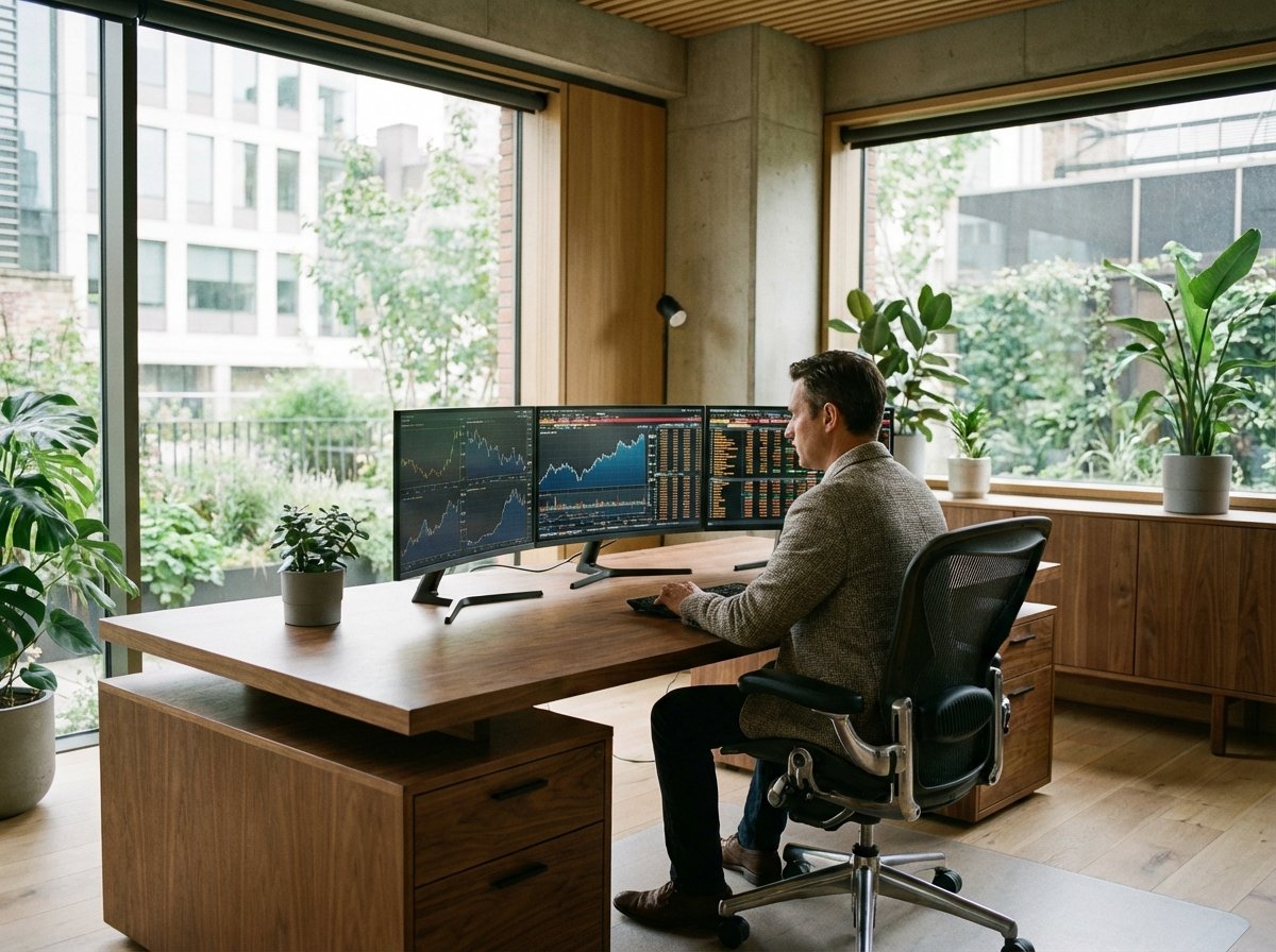 A calm modern office setting with a focused professional analyzing financial data on multiple monitors. 4:3
