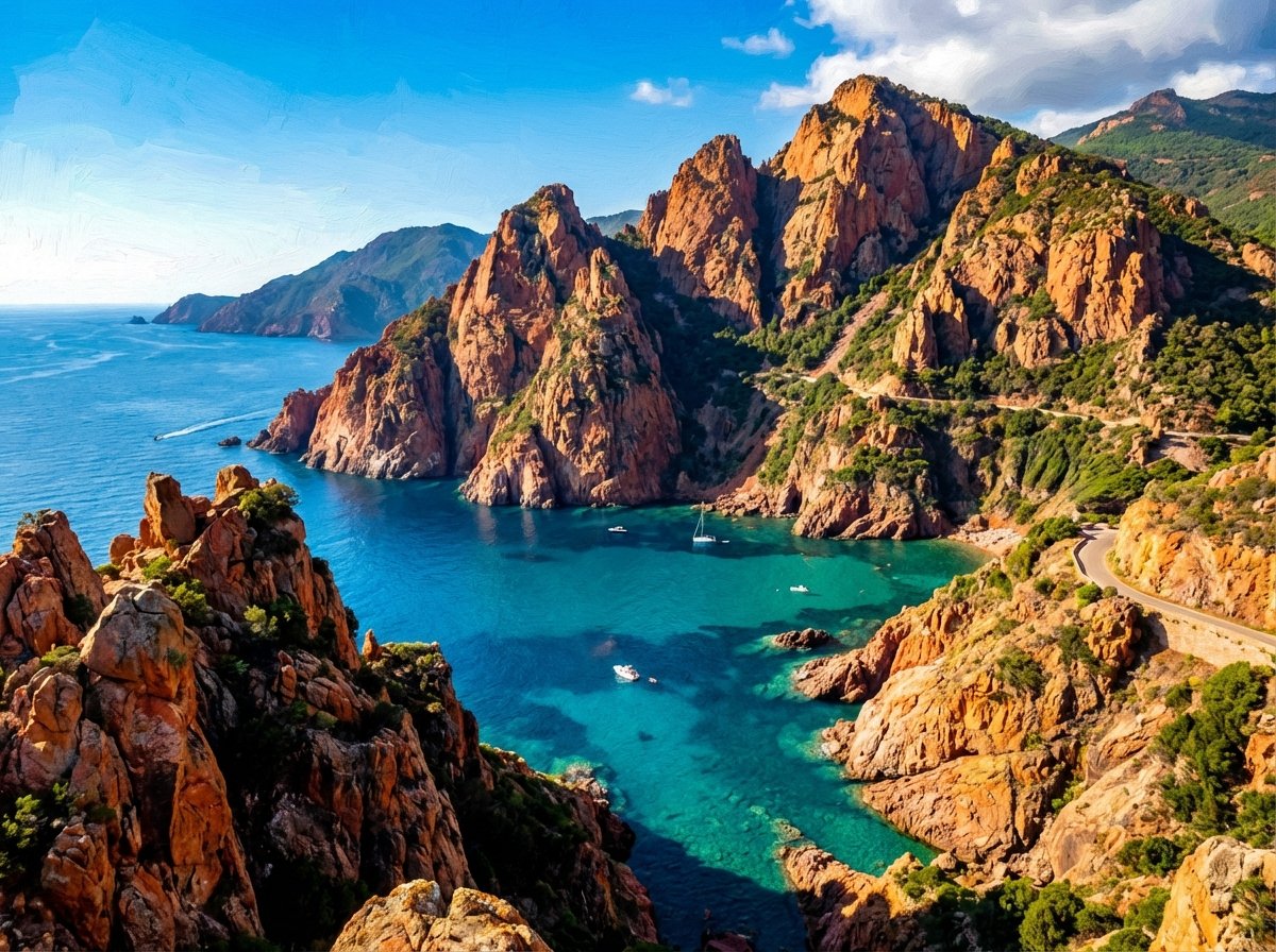 A breathtaking panoramic view of the Gulf of Porto in Corsica, France, featuring dramatic red granite cliffs meeting the crystal clear turquoise Mediterranean Sea under a bright blue sky, high contrast, artistic rendering, 4:3