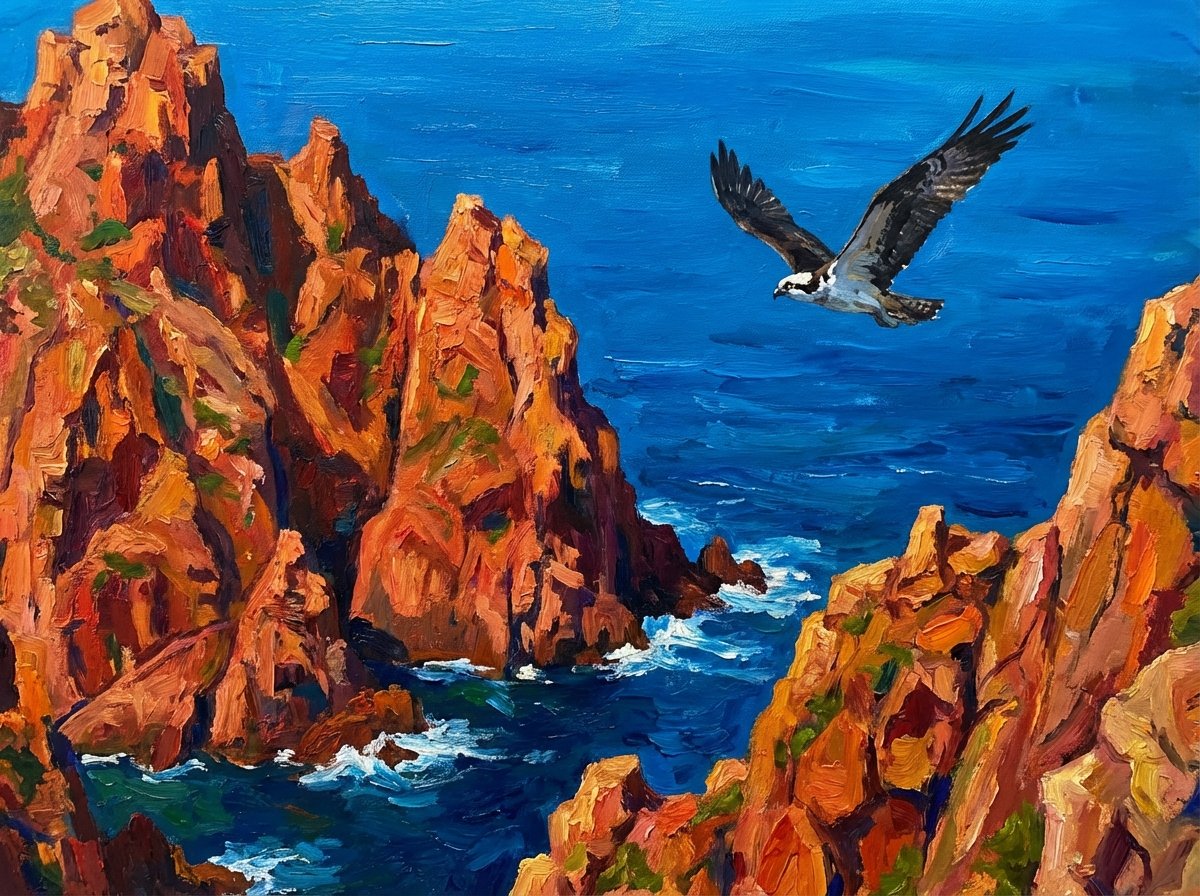 Close up of the volcanic red rock formations of Scandola Nature Reserve in Corsica, an osprey flying over the rugged cliffs, deep blue sea below, vibrant colors, artistic rendering, 4:3