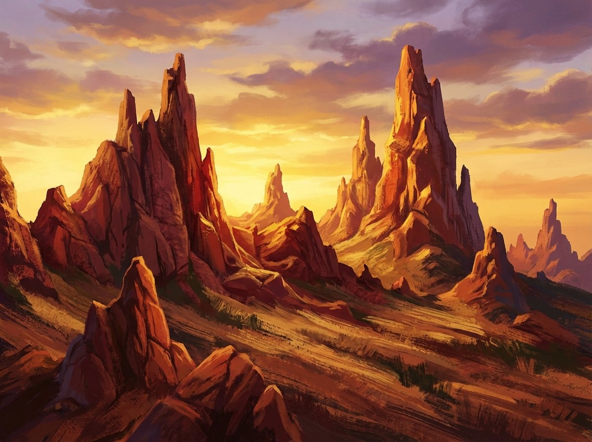 The dramatic red granite needles of the Calanche of Piana against a sunset sky, jagged rock formations, surreal and textured landscape, warm golden lighting, high quality illustration, 4:3