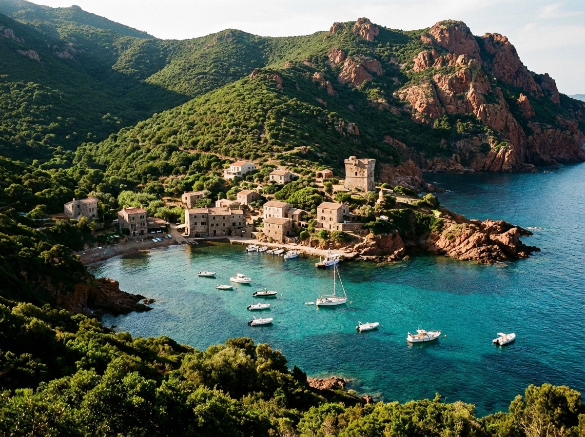 The remote and picturesque village of Girolata accessible only by sea, small boats anchored in a turquoise bay, surrounded by lush green hills and red cliffs, peaceful atmosphere, high contrast, 4:3