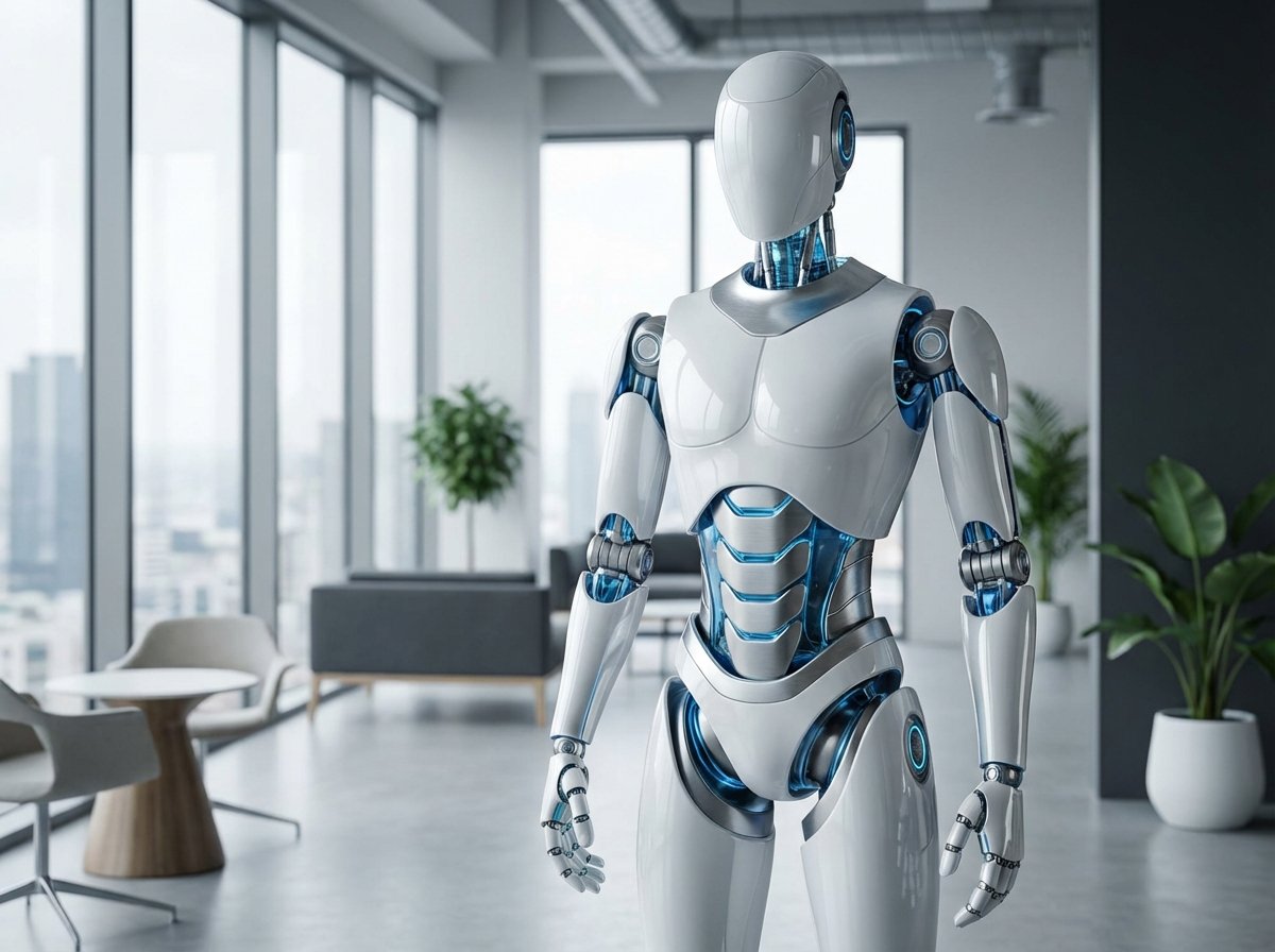 A futuristic humanoid robot standing in a modern office, clean design, soft studio lighting, high quality textures, 4:3