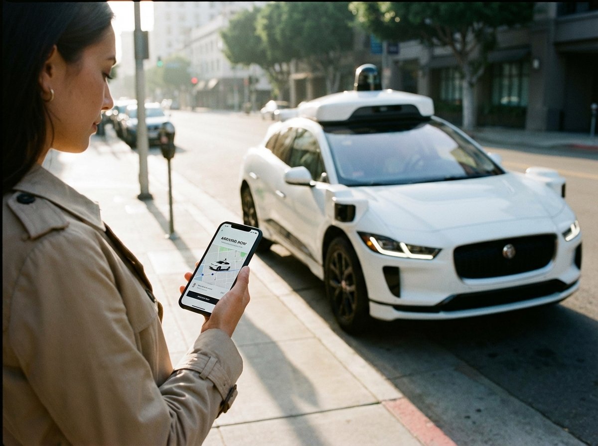 A person standing on a sidewalk holding a smartphone, a white autonomous car pulling up to the curb, natural morning light, focus on the phone screen and the car, 4:3