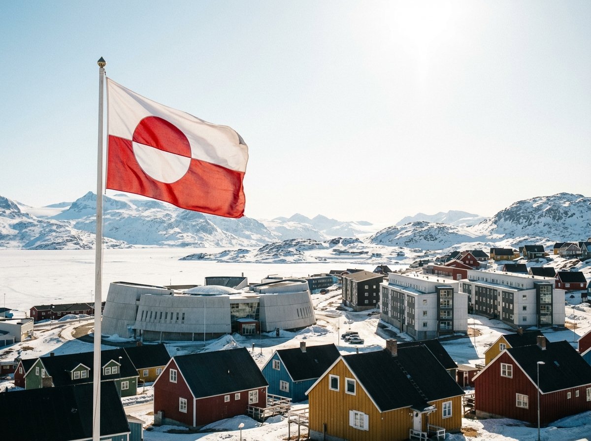 Landscape of Nuuk Greenland with the Greenland flag waving under a bright sky modern arctic architecture scenic snowy mountains in the background high contrast 4:3