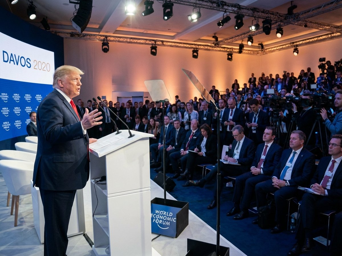 Donald Trump speaking at a podium in Davos international summit setting press conference atmosphere professional lighting realistic style 4:3