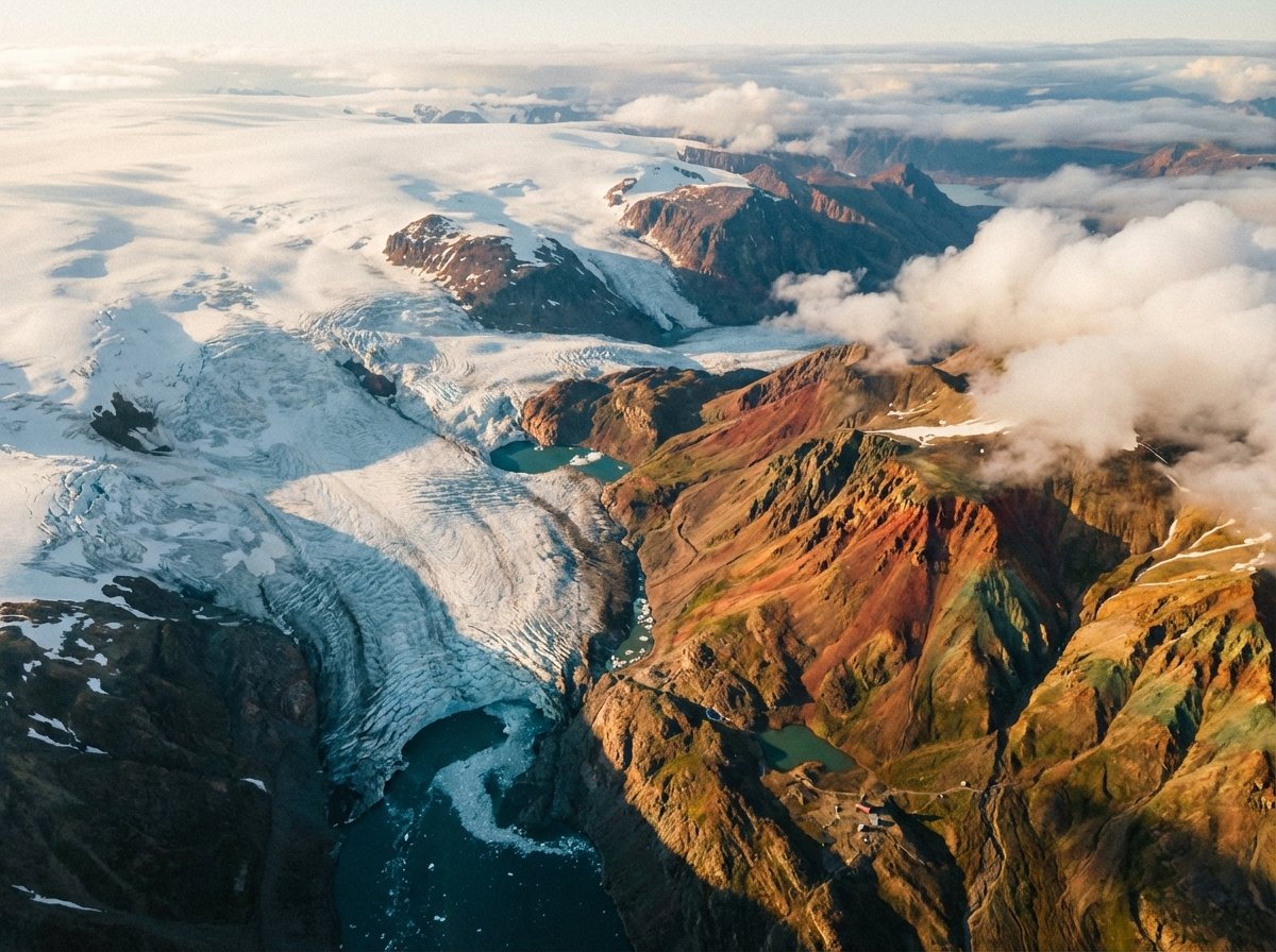 Wide aerial view of Greenland icy landscape and mineral-rich rocky terrain dramatic arctic lighting vast scale cinematic photography 4:3