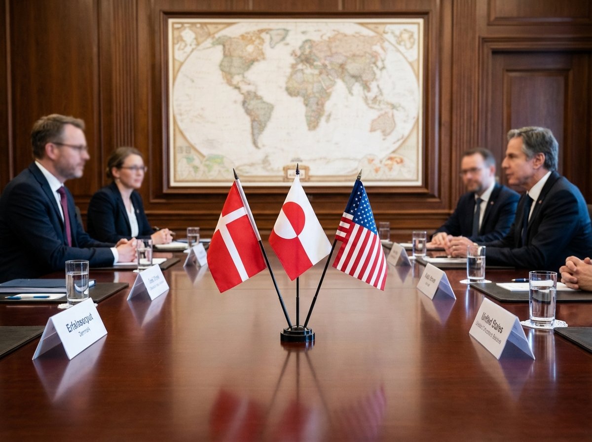 Diplomatic meeting table with flags of Denmark Greenland and USA world map on the wall official atmosphere high resolution 4:3