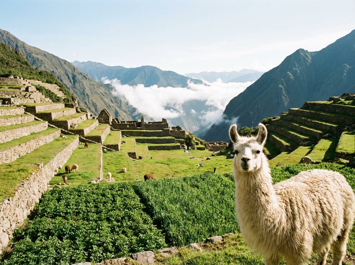 Scenic landscape photography of agricultural terraces at Machu Picchu with a llama in the foreground, bright and balanced lighting, natural Andean setting, 4:3