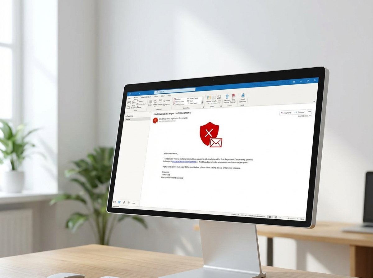 A modern computer screen showing an Outlook email client with a delivery failure notification and a red warning icon. The background is a clean office setting with soft lighting. 4:3