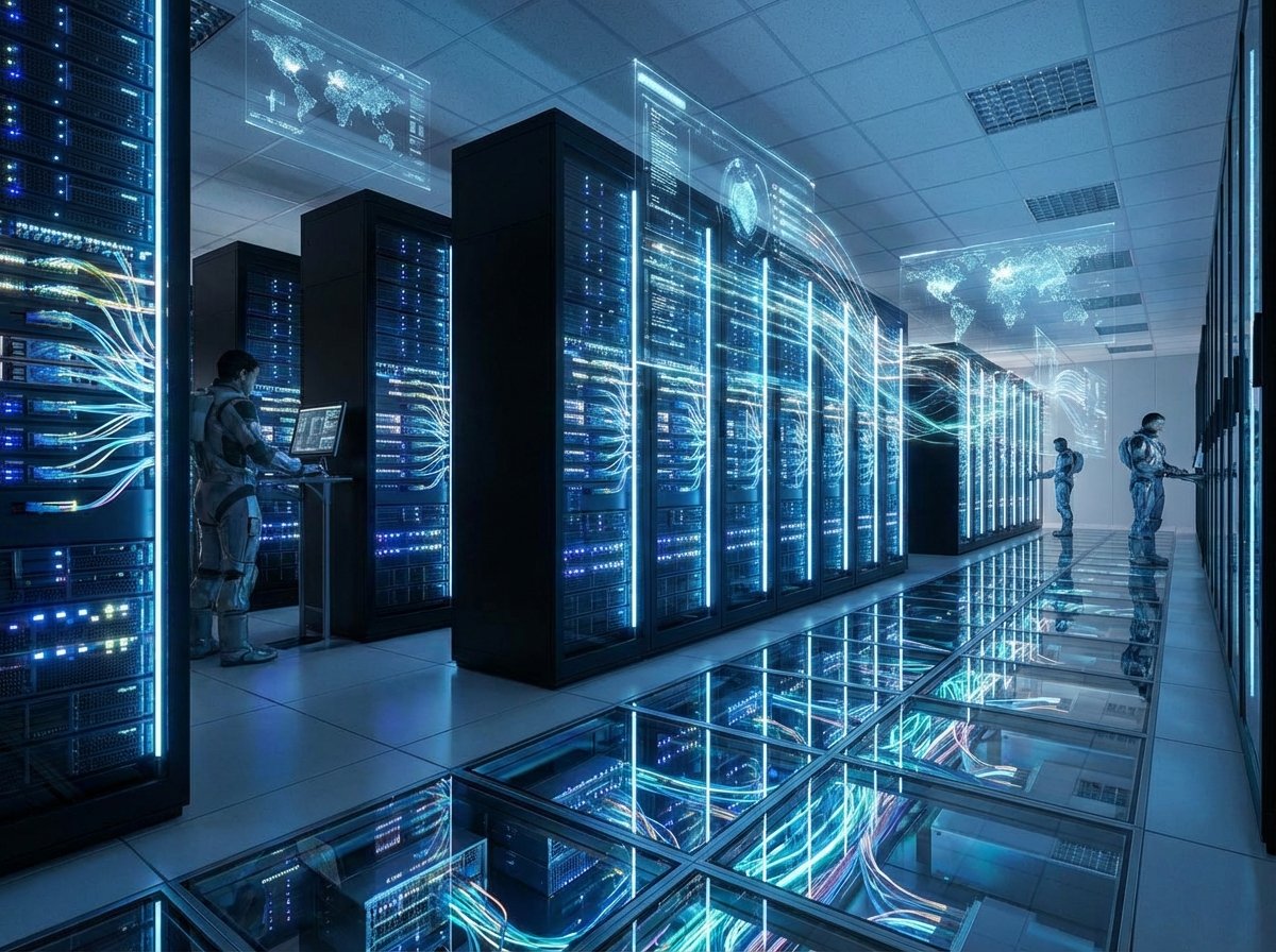 High-tech server room with glowing blue and white lights on server racks. Representing complex cloud infrastructure and data traffic management. 4:3