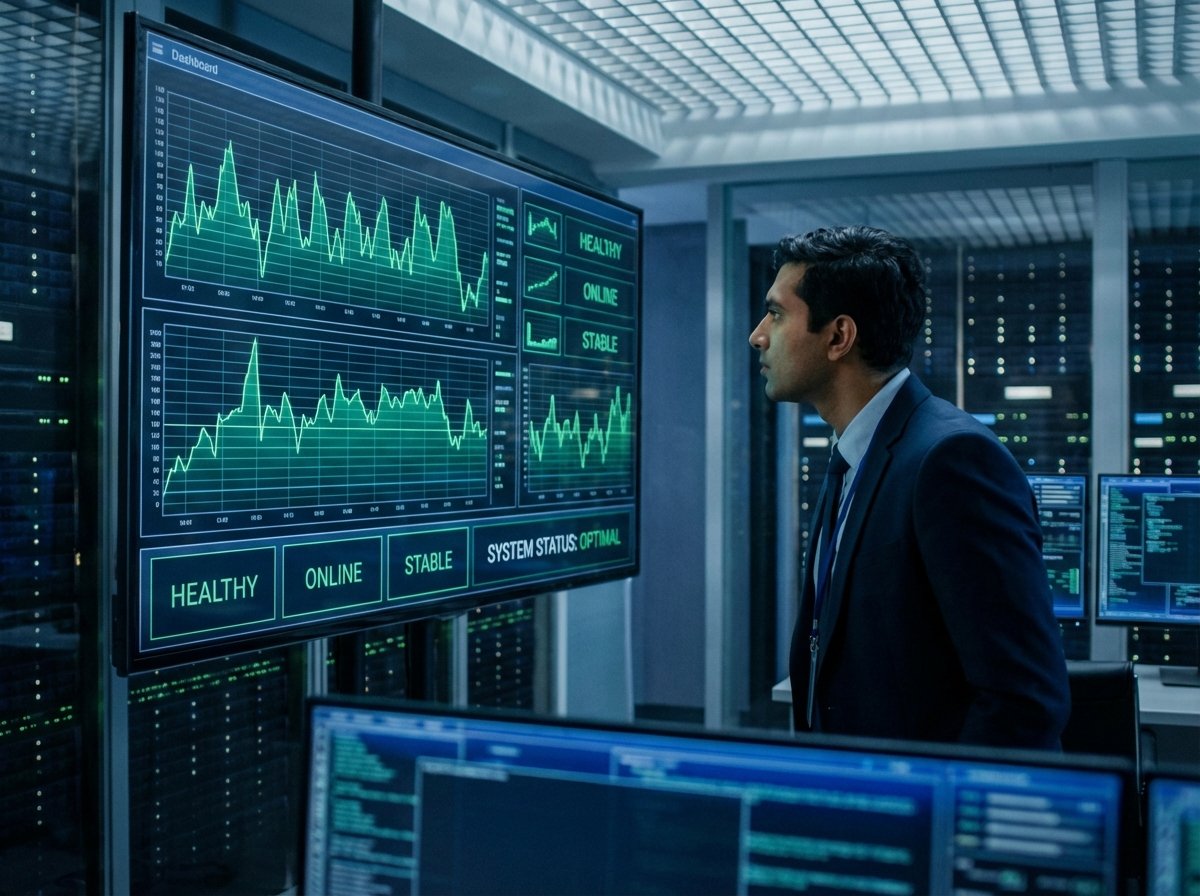 A professional digital dashboard showing green graph lines and system health indicators. A person is monitoring the screen in a professional environment. 4:3