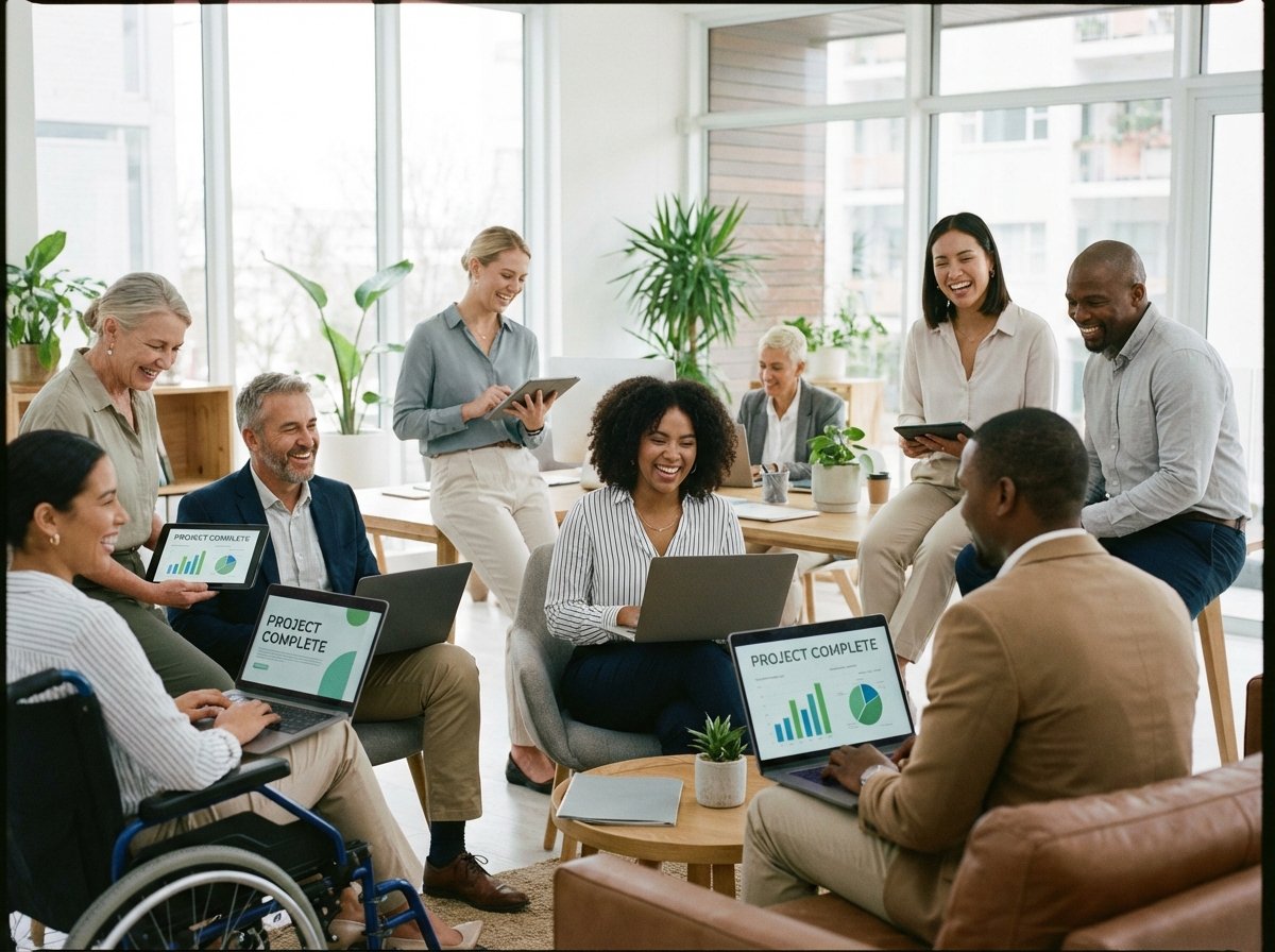 A diverse group of business professionals in a modern office looking at laptop screens and tablets with a sense of relief and productivity. Soft natural light. 4:3