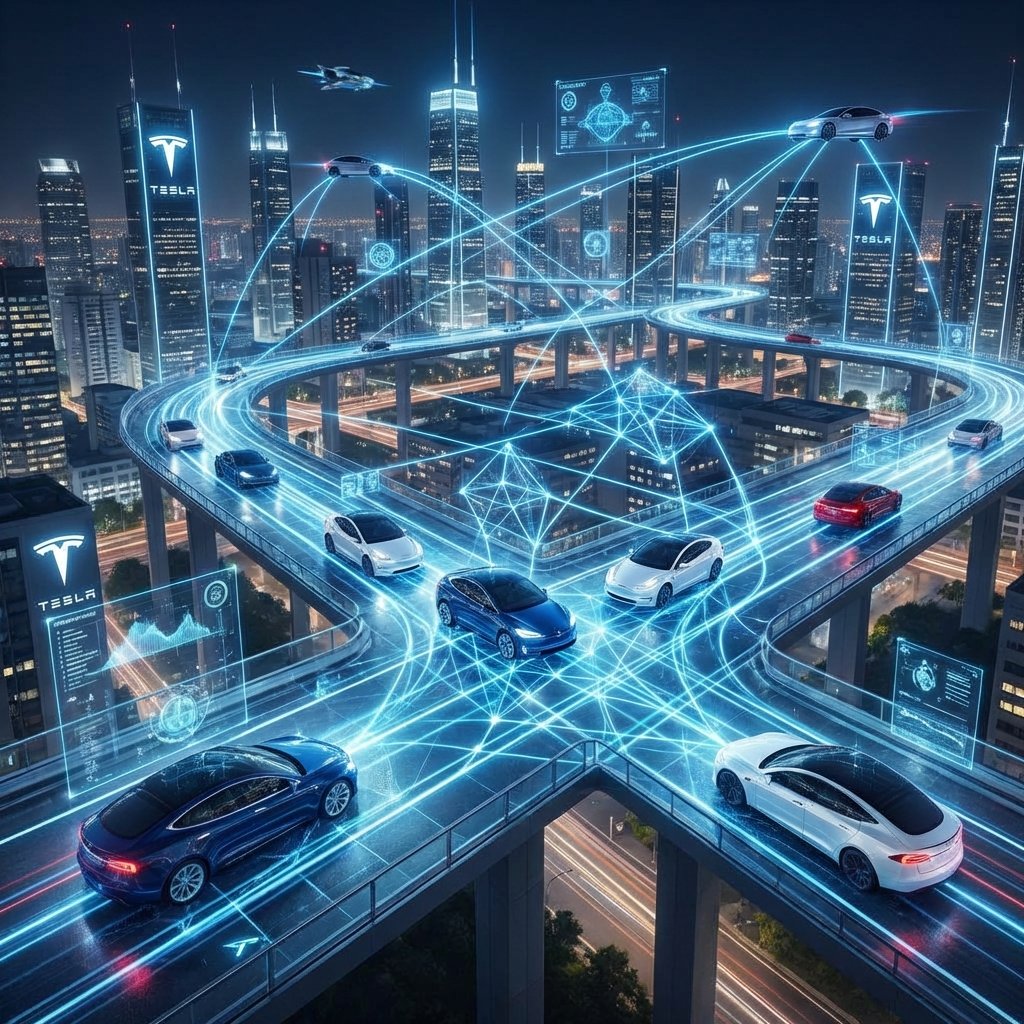A complex network of glowing blue lines connecting multiple Tesla vehicles in a futuristic city grid at night. The scene represents a cloud-based autonomous driving system. Detailed composition, cinematic lighting, 1:1.