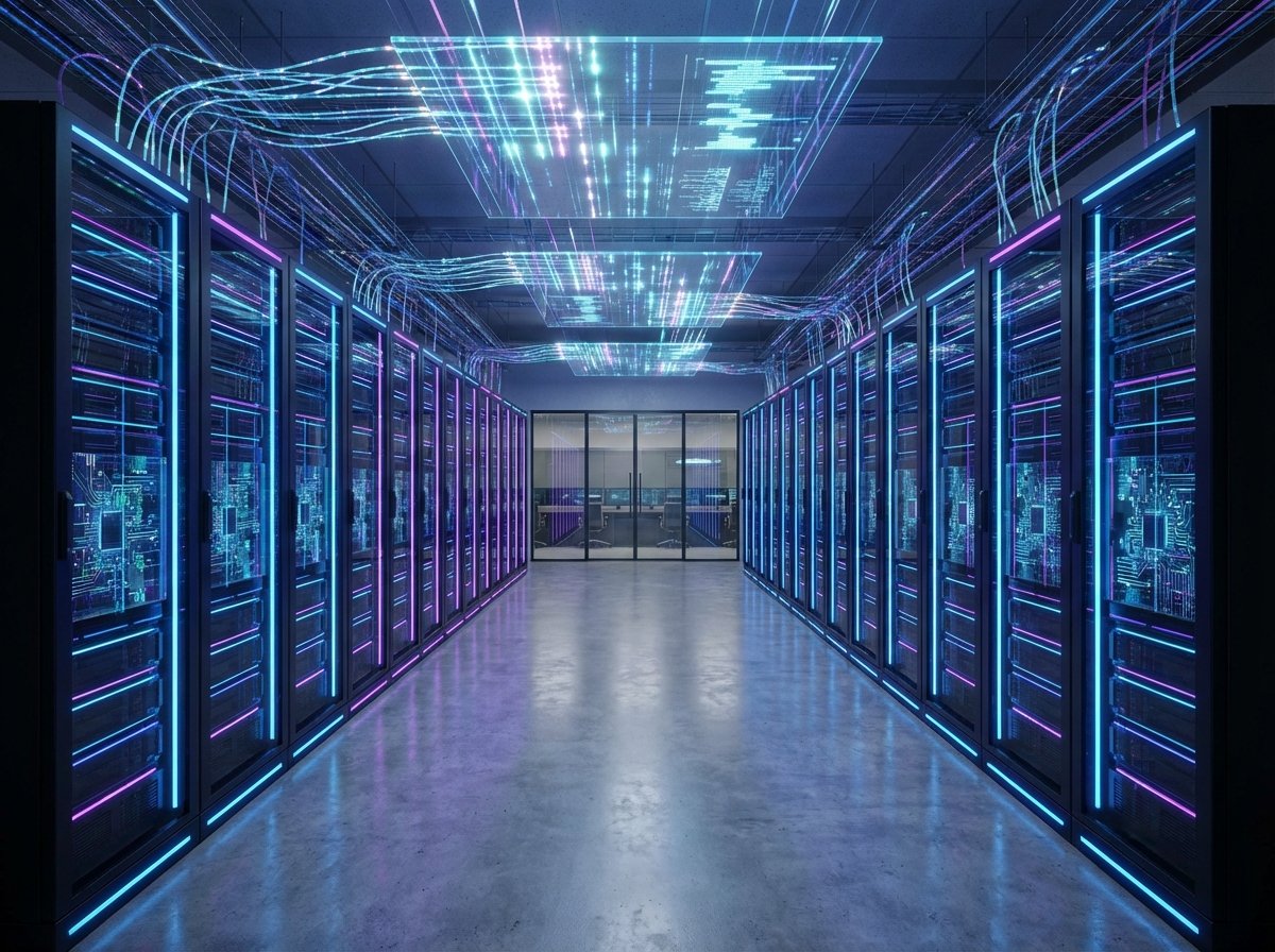 Modern futuristic data center with rows of glowing server racks, blue and purple neon lights, clean high-tech interior, digital data transfer concept, 4:3