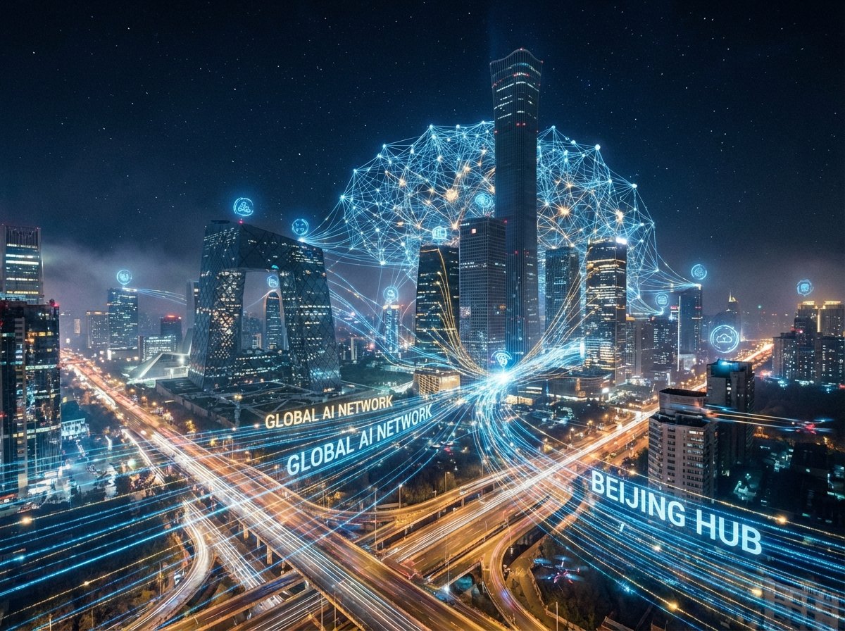 Night view of a modern Beijing cityscape with digital data streams and glowing lines connecting buildings, cinematic lighting, concept of global connectivity and AI network, 4:3
