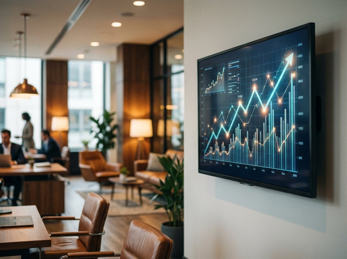 A professional business environment with a focus on financial growth charts on a large monitor, blurred office background with modern furniture, warm interior lighting, 4:3