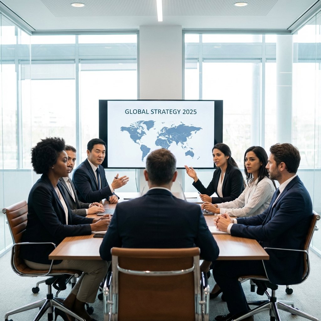 A diverse group of professional executives in a modern high-end boardroom discussing global business strategy, centered composition, bright and balanced lighting, 1:1