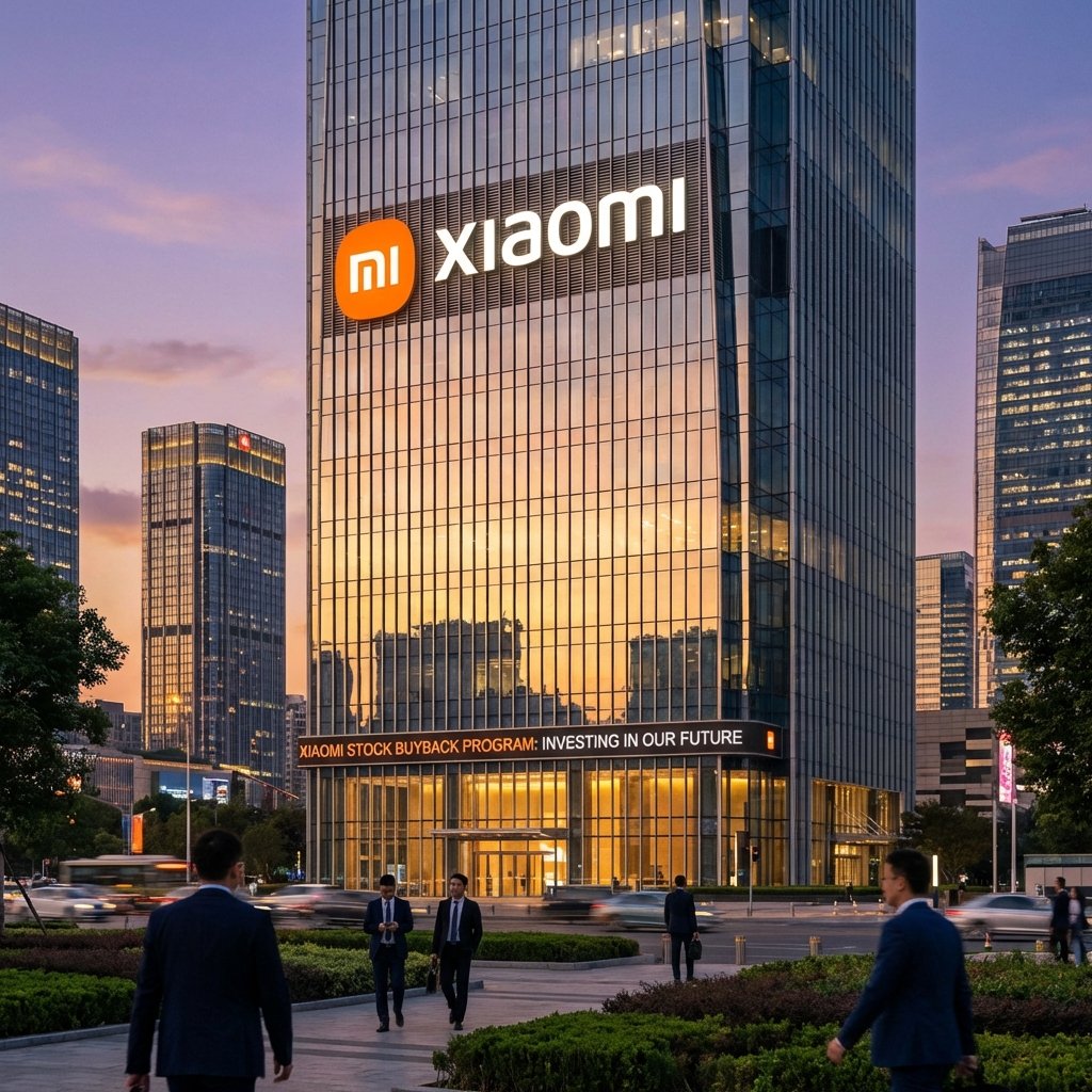 A modern high-tech building with a sleek corporate logo in a vibrant urban setting at sunset, professional atmosphere, Xiaomi stock buyback theme, 1:1