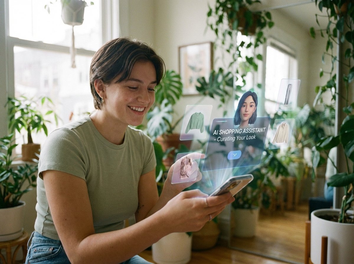 A young person interacting with a futuristic AI shopping assistant displayed on a smartphone, high-quality photography, soft lighting, agentic commerce experience, 4:3 aspect ratio.
