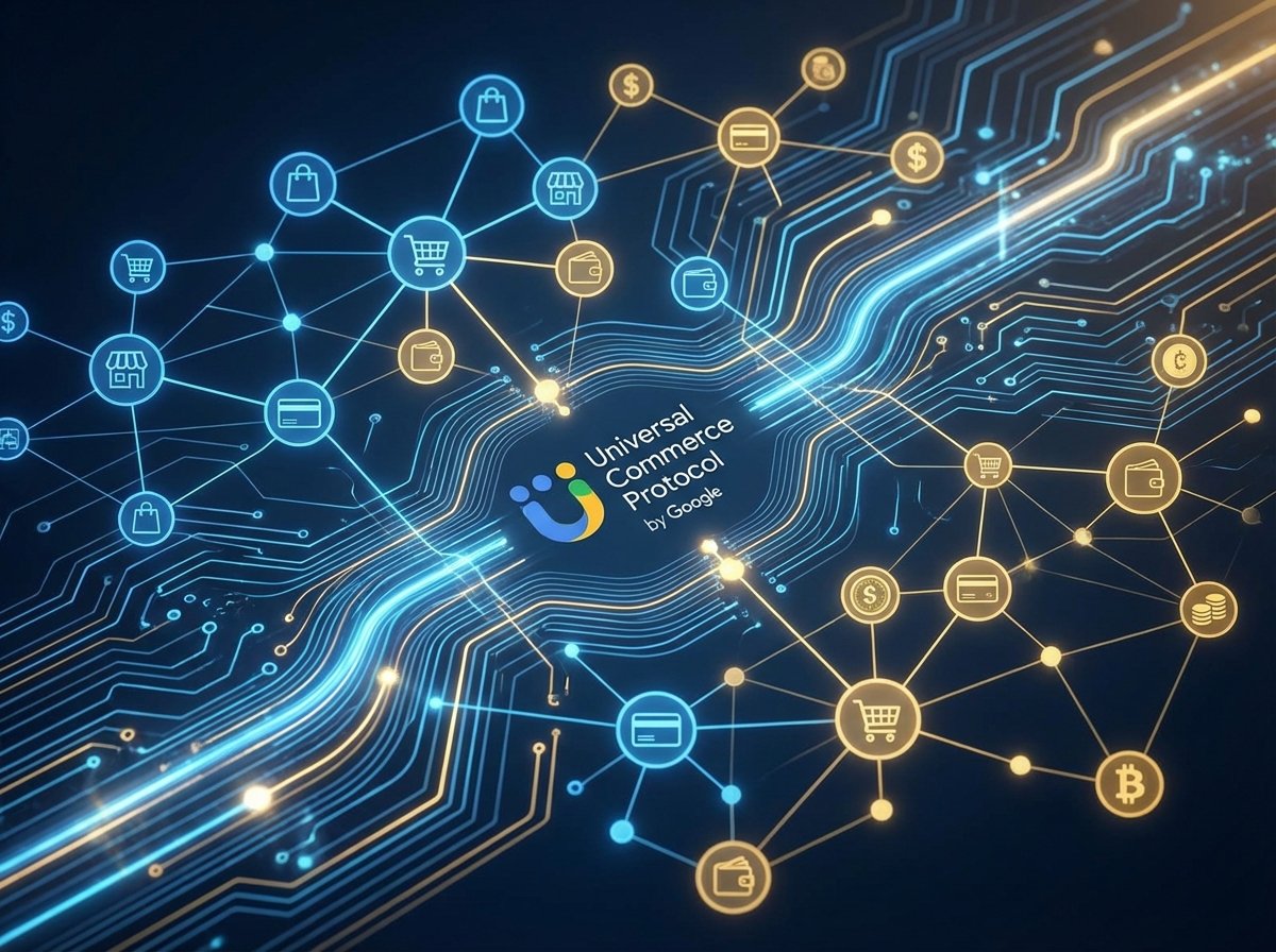 An abstract digital visualization of data nodes connecting retail icons and payment symbols, representing the Universal Commerce Protocol by Google, blue and gold color scheme, 4:3 aspect ratio.