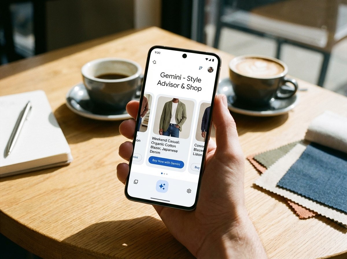 Close-up of a high-end smartphone screen displaying the Gemini AI interface suggesting clothing options, realistic lifestyle setting, agentic commerce integration, 4:3 aspect ratio.