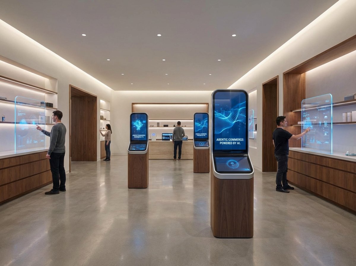 A modern minimalist retail environment with digital kiosks and AI integration, futuristic and inviting atmosphere, representing the shift in agentic commerce, 4:3 aspect ratio.