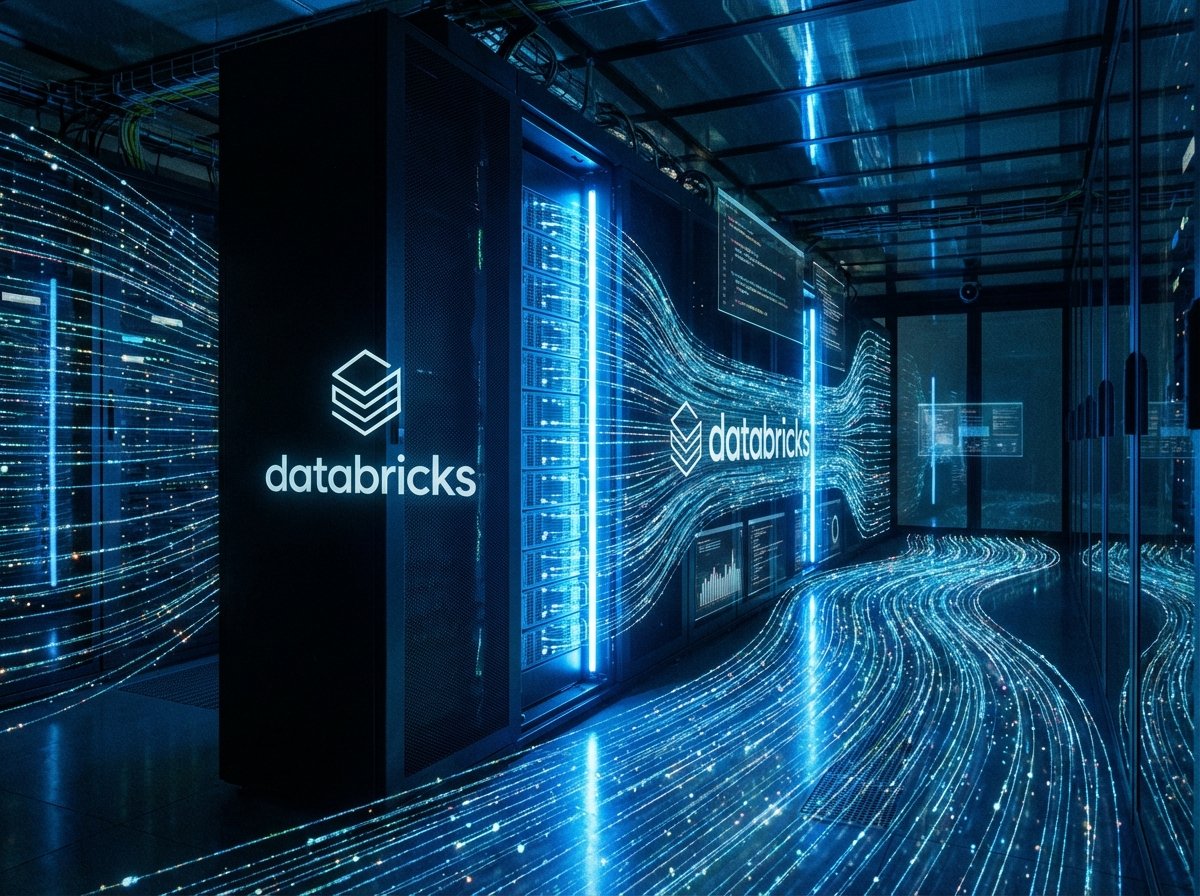A high-tech digital environment with flowing data streams and blue light glowing from a server rack in a dark room representing Databricks technology. 4:3