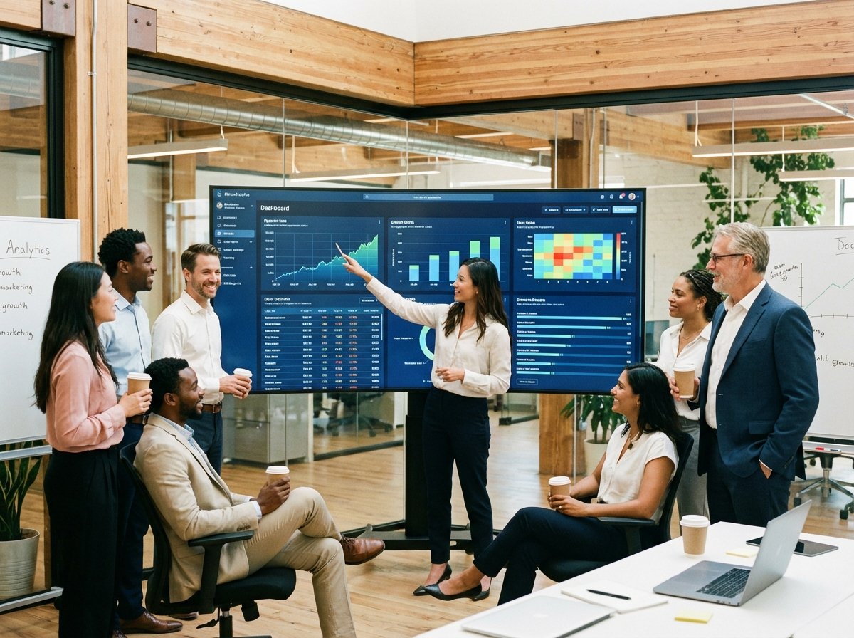 A group of diverse professionals in a modern office looking at a large screen displaying complex data analytics and growth charts. 4:3