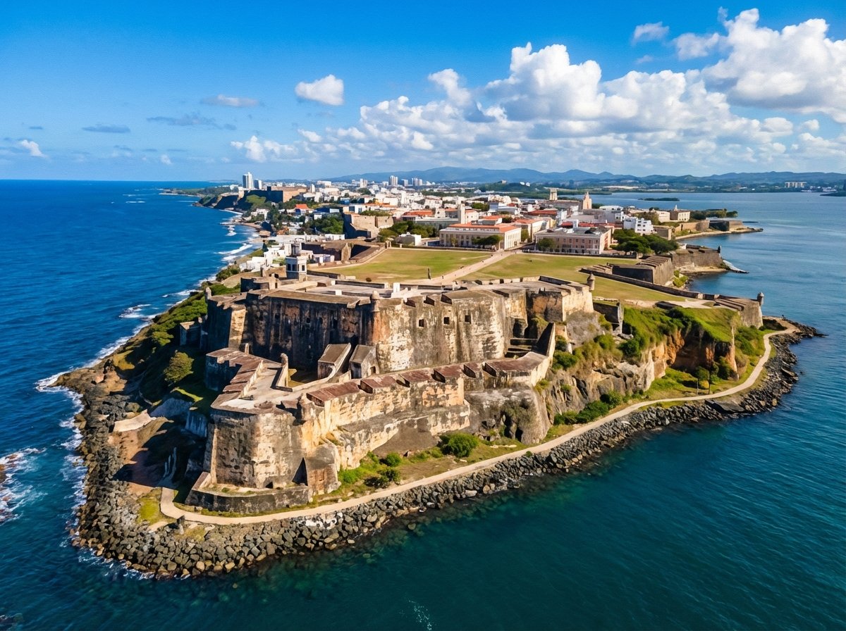 An expansive aerial view of the San Juan National Historic Site in Puerto Rico including the massive stone fortifications of El Morro overlooking the deep blue Caribbean Sea under a bright sunny sky with fluffy white clouds. The architecture shows Spanish colonial style with weathered stone textures. History and Culture style artistic rendering 4:3